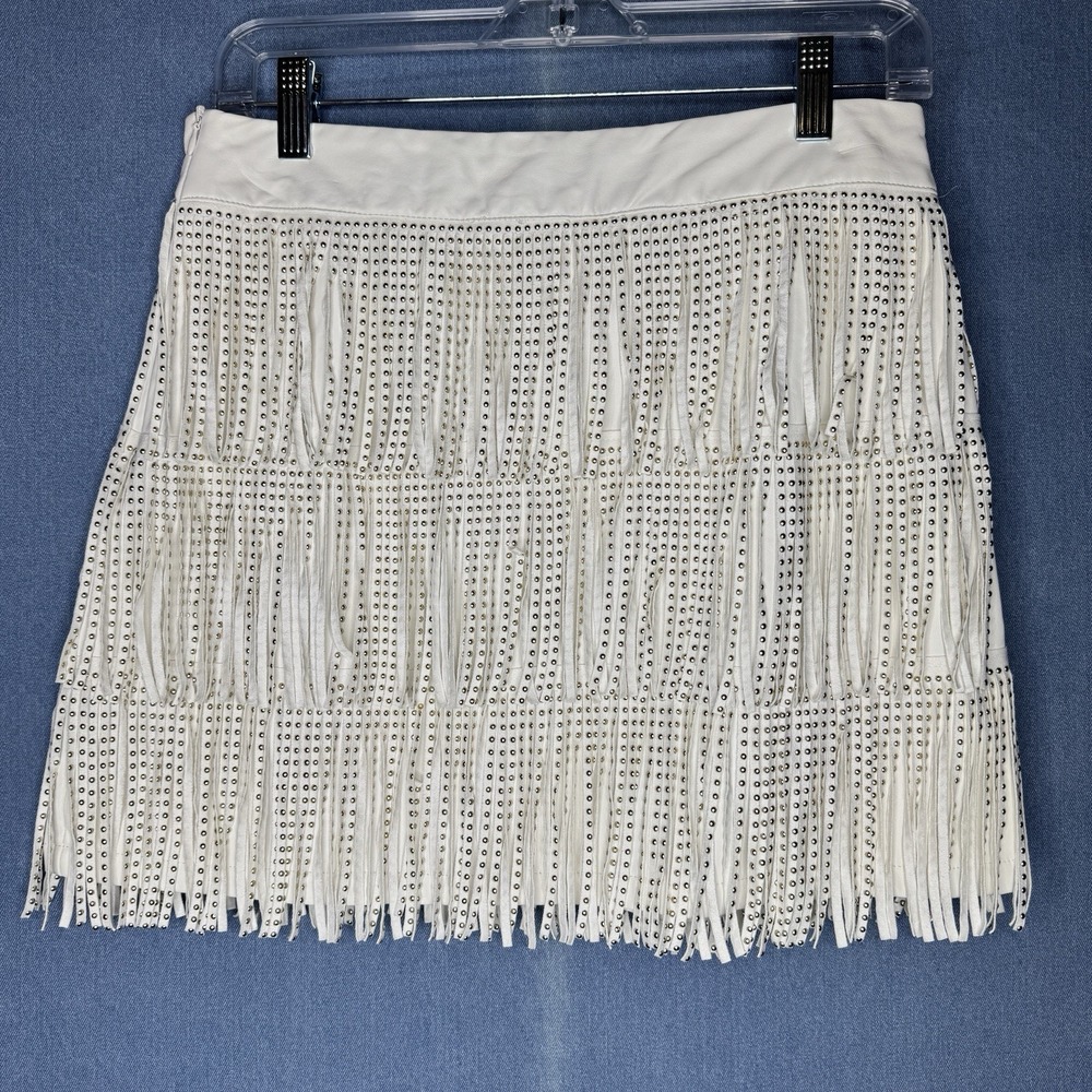 White Fringe Mini Skirt with Stud Detail